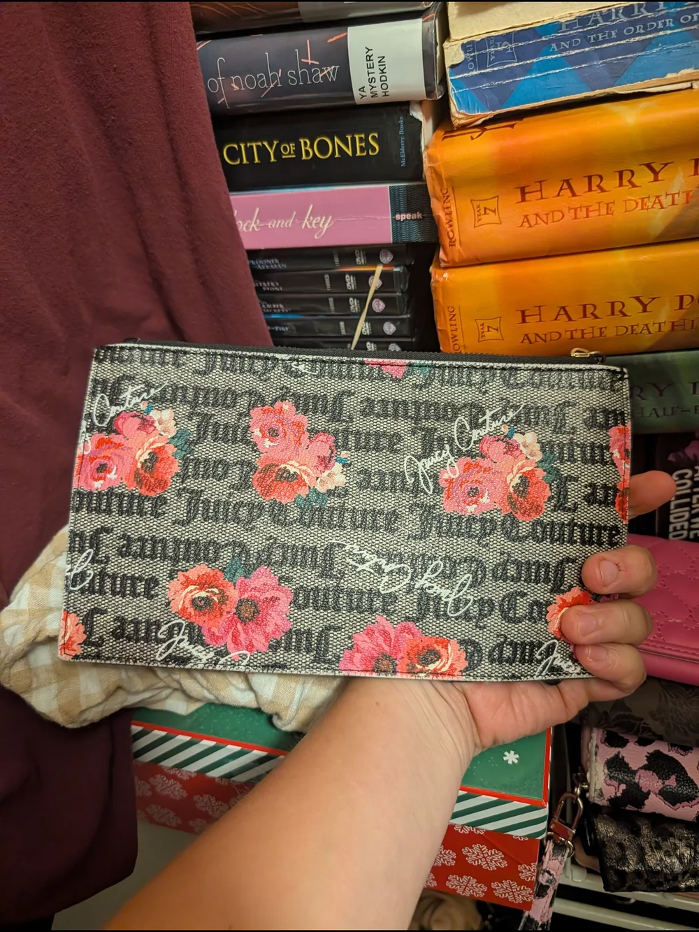 Juicy Couture Floral Print Black & Pink Crossbody Clutch